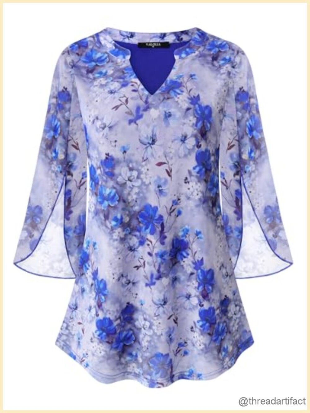 3/4 Sleeve Floral Tunic Top V Neck Double Layers Loose Fit Mesh Blouse Shirt